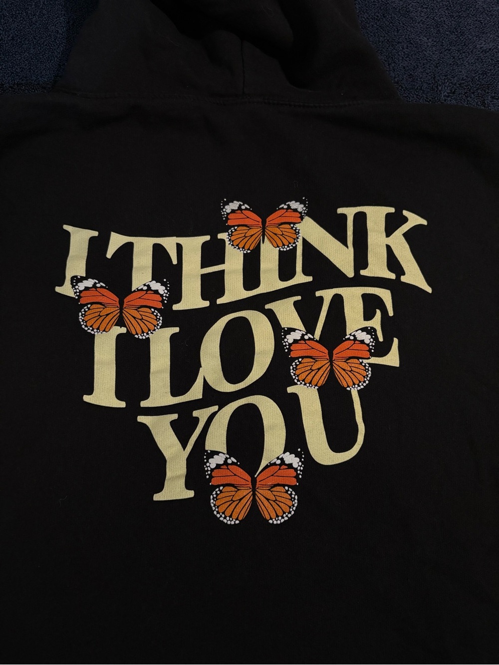 Black Yourstruly Clothing 'I Think I Love You' Hoodie With Orange Butterflies View 2